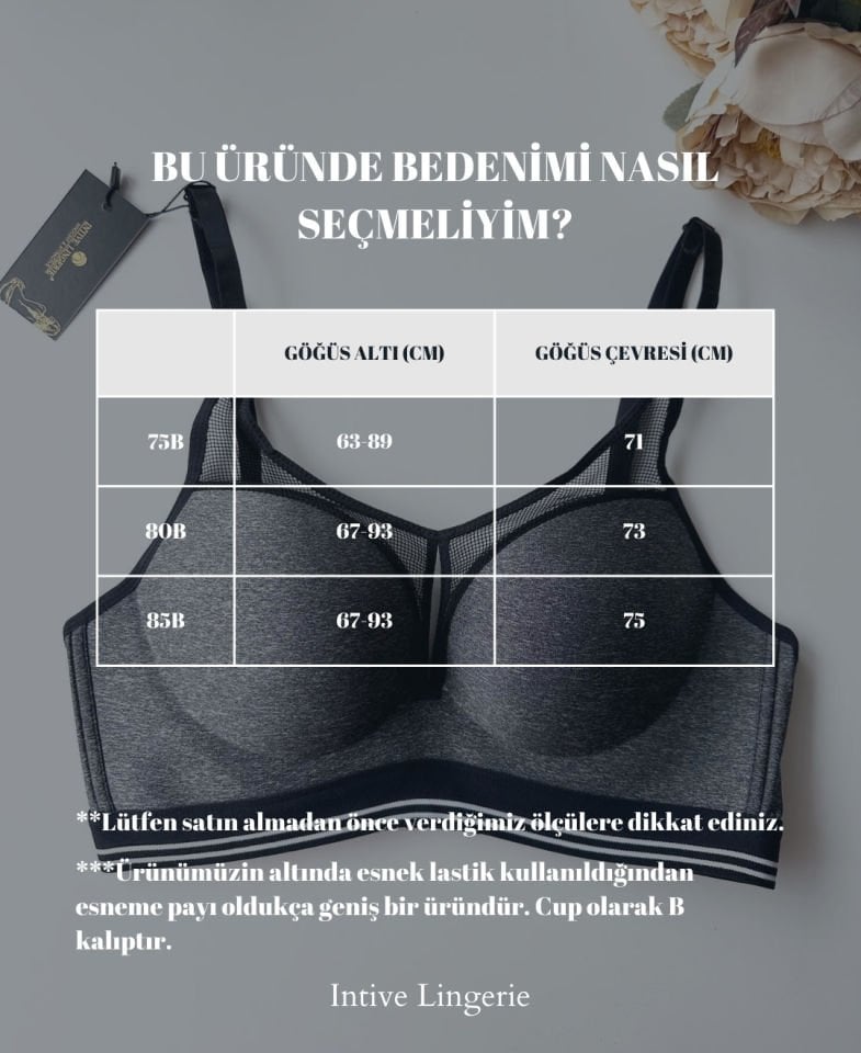 Intive Gri File Detaylı Balenli Dolgulu Push-up İthal Spor Sütyeni/ Sütyen Gri - 80B