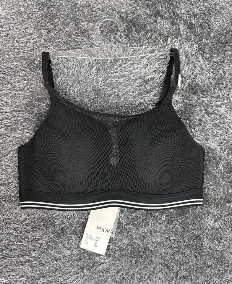 Siyah File Detaylı Balenli Hafif Dolgulu İthal Push-up  Spor Sütyeni/ Sütyen Siyah - 75B
