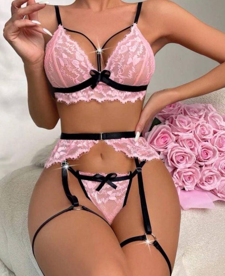 Jessica Pembe Siyah Dantelli Bacak Aksesuarlı Jartiyer Takım-132 Siyah/Pembe - L/XL