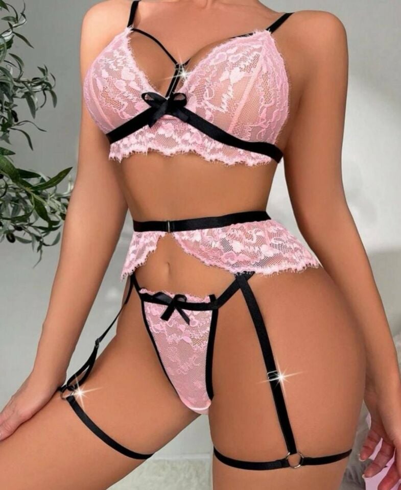 Jessica Pembe Siyah Dantelli Bacak Aksesuarlı Jartiyer Takım-132 Siyah/Pembe - L/XL