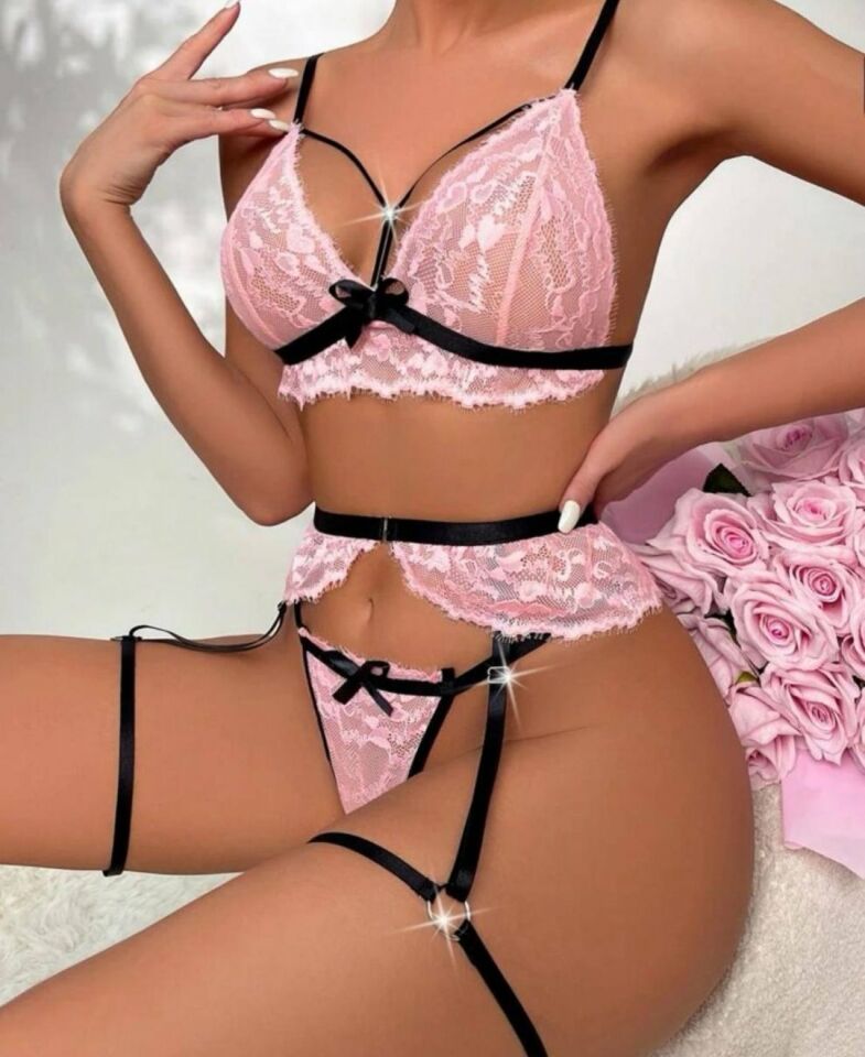 Jessica Pembe Siyah Dantelli Bacak Aksesuarlı Jartiyer Takım-132 Siyah/Pembe - L/XL