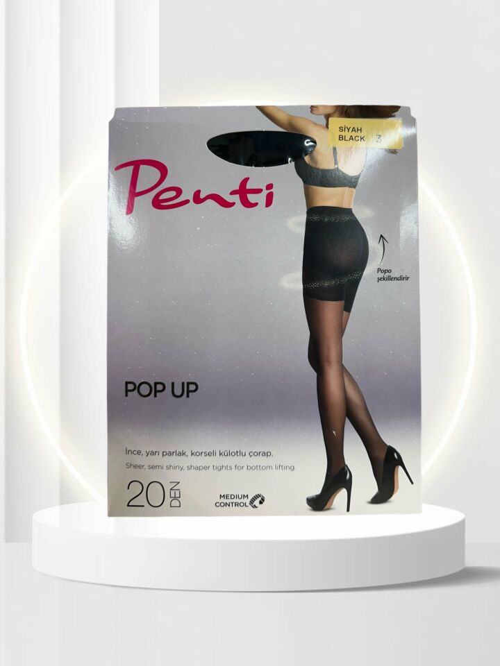 20 Den Pop-Up Korseli İnce Yarı Parlak Pamuk Ağlı Dikişsiz Külotlu Çorap -KOR-LIFT UP & SHAPE Siyah - XL