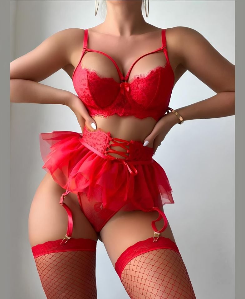 Jessica Bella Kırmızı Tüllü Dantelli Tasarım Balensiz Jartiyer Takım-00129 Kırmızı - S/M