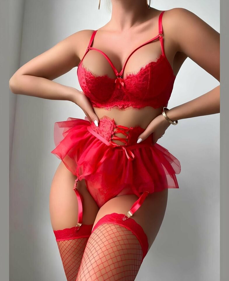 Jessica Bella Kırmızı Tüllü Dantelli Tasarım Balensiz Jartiyer Takım-00129 Kırmızı - L/XL