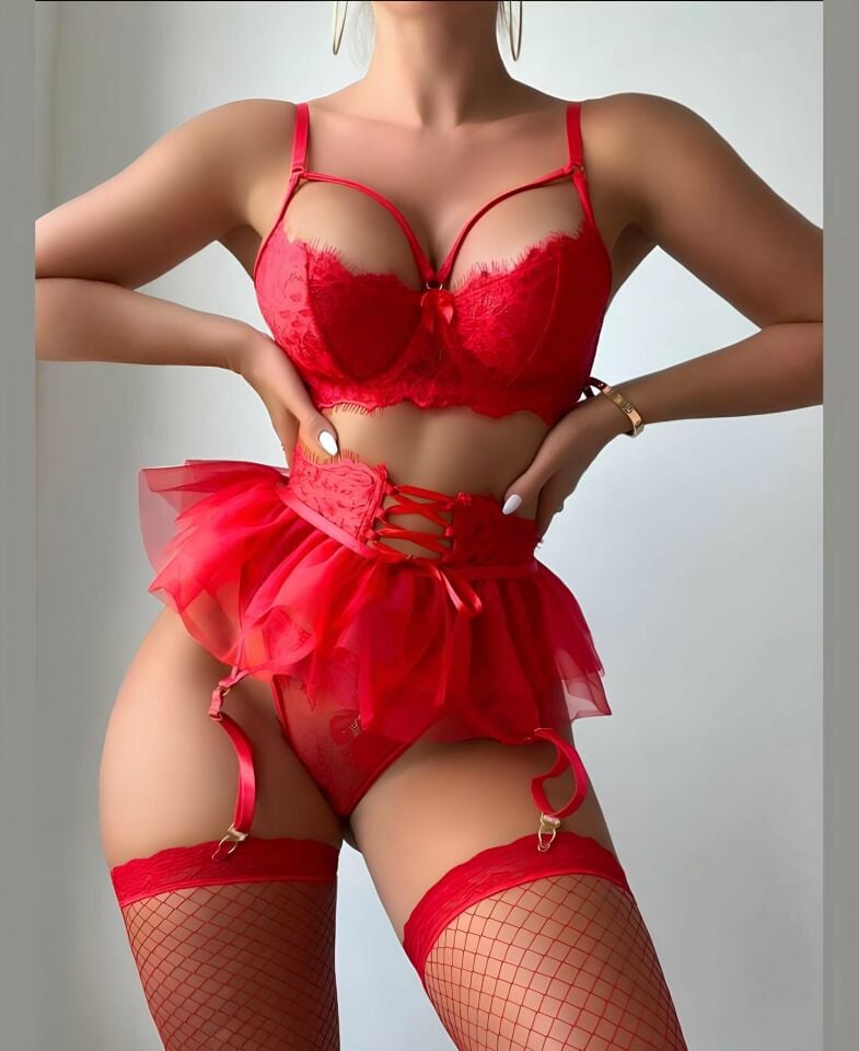 Jessica Bella Kırmızı Tüllü Dantelli Tasarım Balensiz Jartiyer Takım-00129 Kırmızı - L/XL