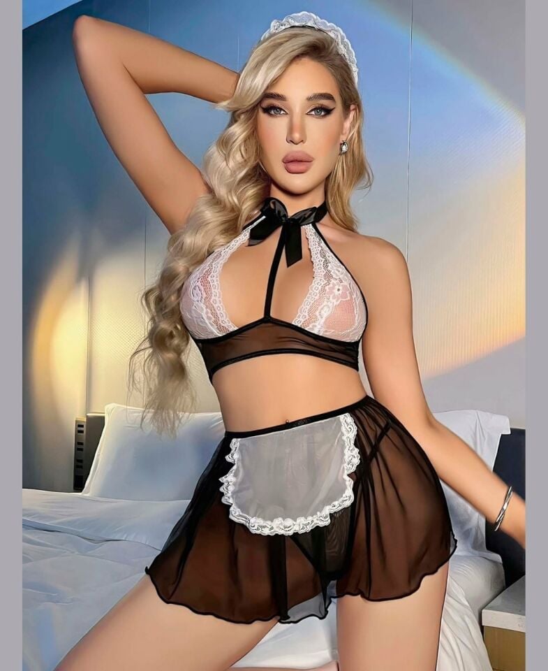 Jessica Bella Siyah Beyaz Transparan Fantezi Hizmetçi Kostüm- 0015 Siyah/Beyaz - S/M