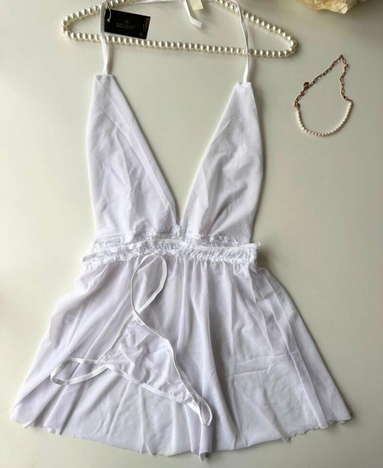 Kadın Boyundan Bağlamalı Derin Dekolte Tül Mini Gecelik/Babydoll Beyaz - L/XL