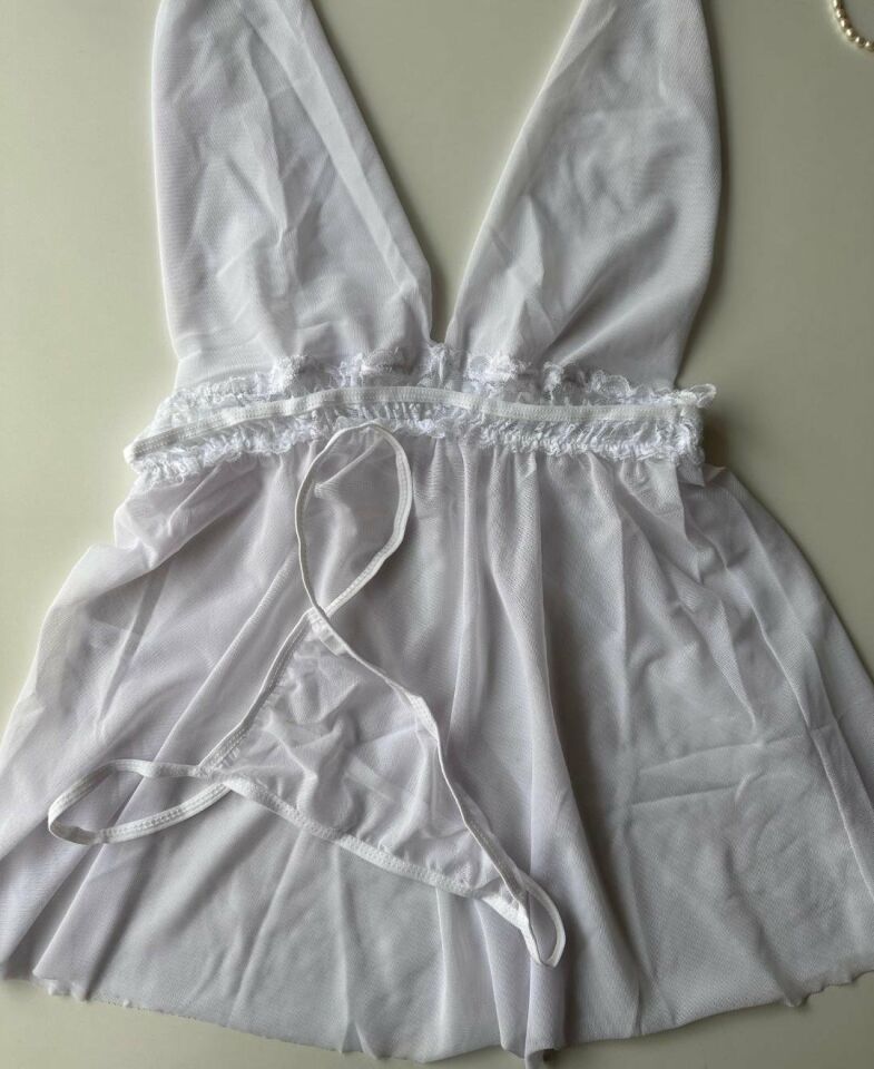 Kadın Boyundan Bağlamalı Derin Dekolte Tül Mini Gecelik/Babydoll Beyaz - L/XL