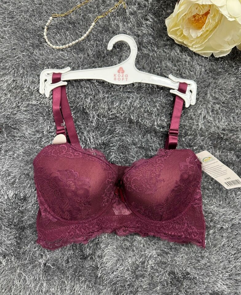 Dantelli C Cup Destekli Push-up 3 Kademe Kopçalı Üstün Kalite Sütyen Mürdüm - 100C