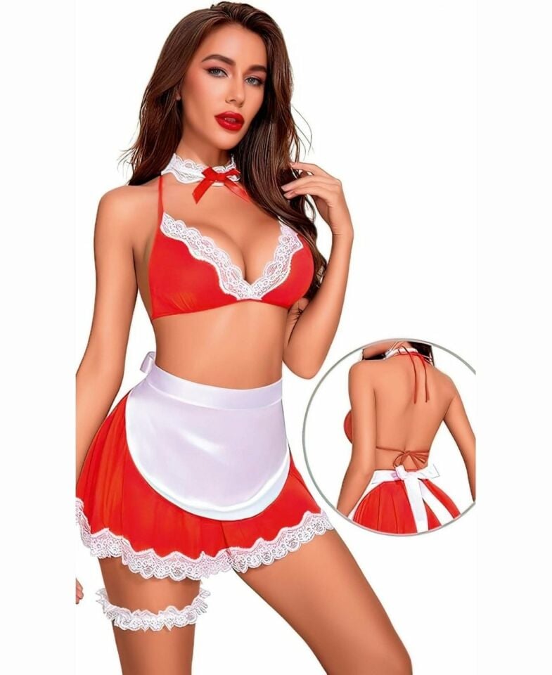 Jessica Bella Kırmızı Beyaz Hizmetçi Fantezi Takım- 130 Kırmızı - L/XL