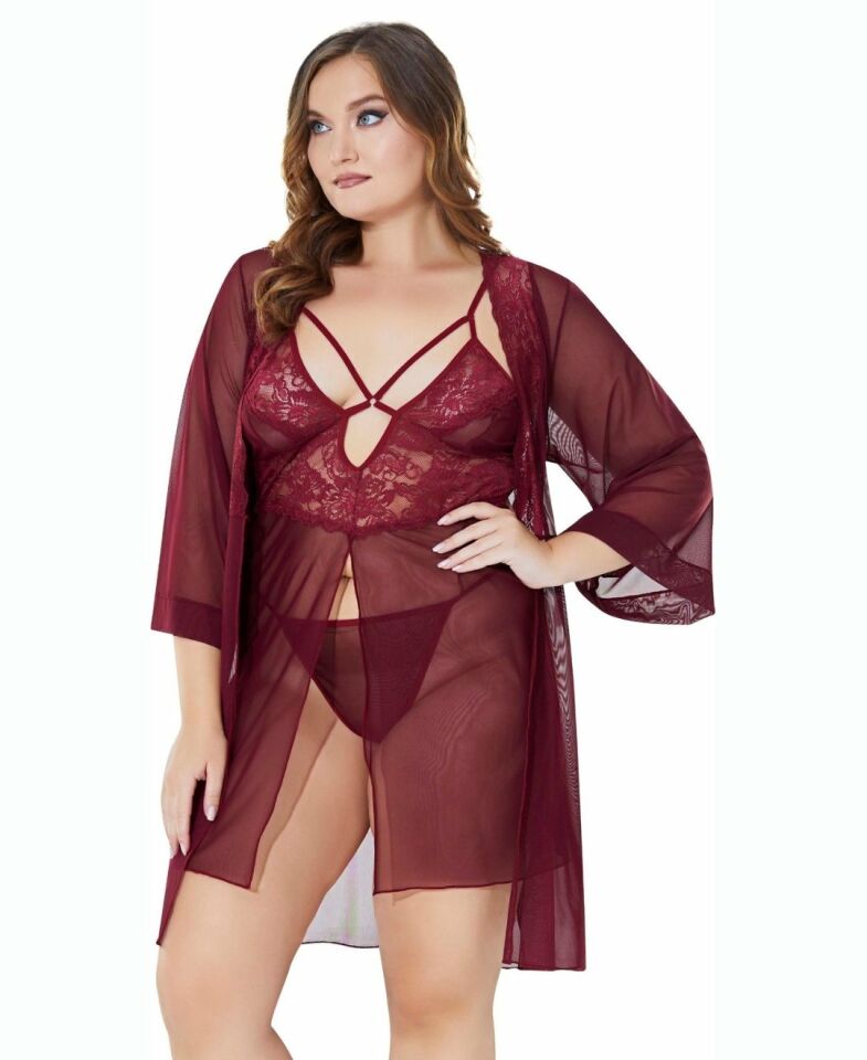 Lily Bianca Plus Size Büyük Beden Bordo Transparan 3'lü Gecelik Takım (XL-3XL) Bordo - Battal Standart
