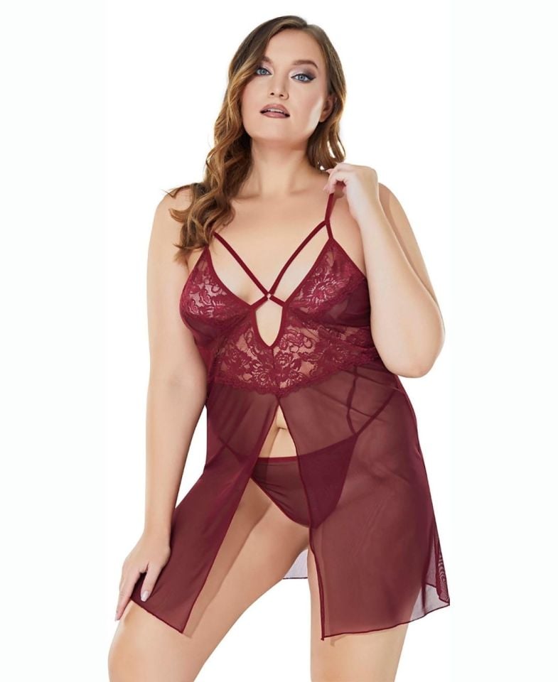 Lily Bianca Plus Size Büyük Beden Bordo Transparan 3'lü Gecelik Takım (XL-3XL) Bordo - Battal Standart