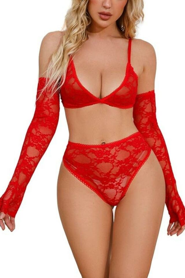 YNT Kırmızı Eldivenli Sütyen Takım 16061 Kırmızı - L/XL