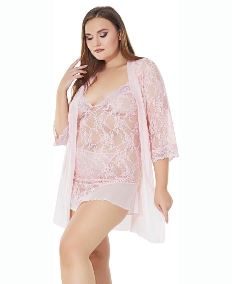 Lily Bianca Plus Size Büyük Beden Pudra Transparan 3'lü Gecelik Takım (XL-3XL) Pudra  - Battal Standart