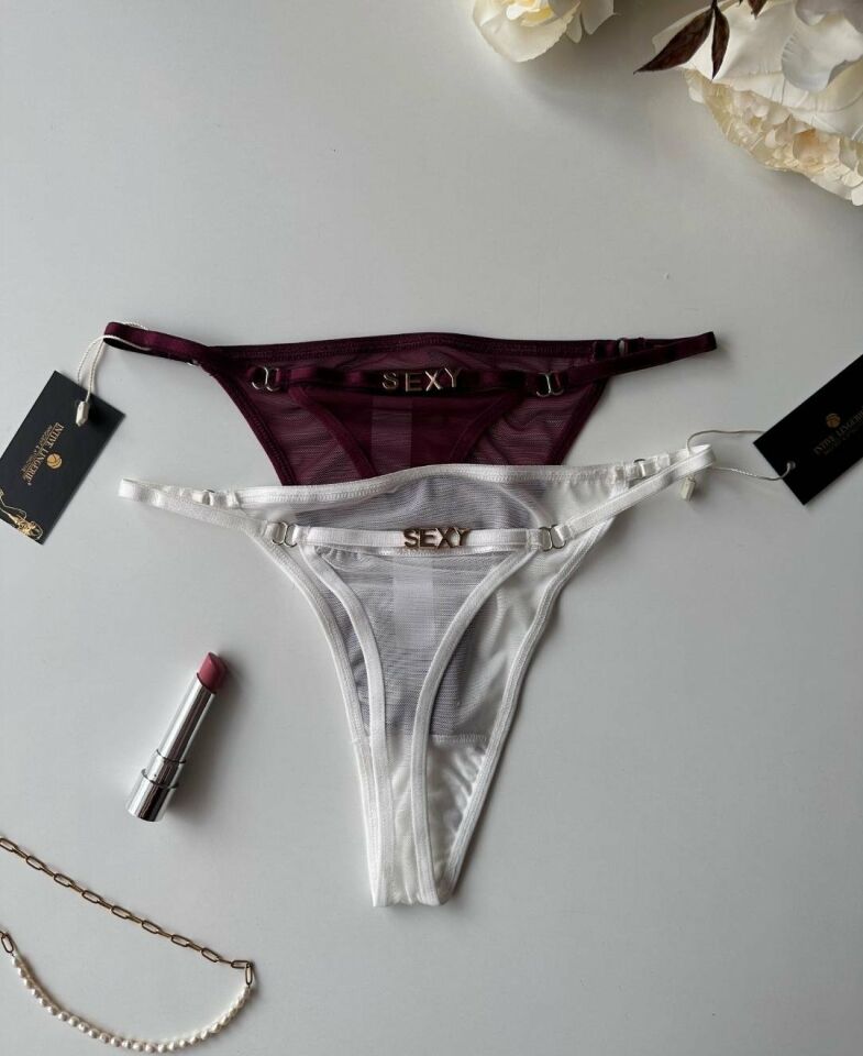 Valerie Arkası 'Sexy' Yazılı Ağı Pamuklu Tül Tanga - Limited Mor - S/M