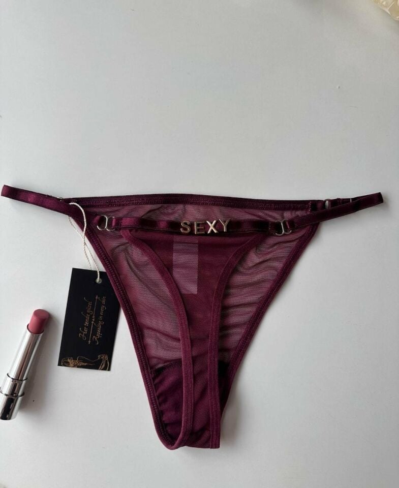 Valerie Arkası 'Sexy' Yazılı Ağı Pamuklu Tül Tanga - Limited Mor - L/XL