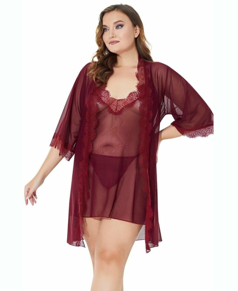 Lily Bianca Plus Size Büyük Beden Bordo Transparan 3'lü Gecelik Takım (XL-3XL) Bordo - Battal Standart