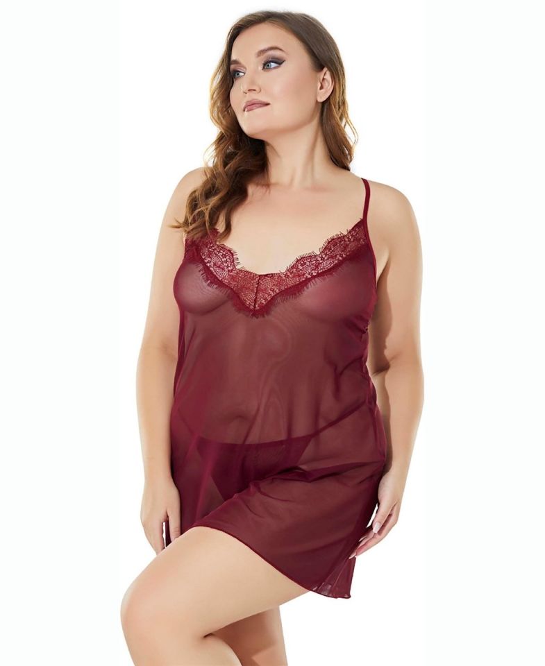 Lily Bianca Plus Size Büyük Beden Bordo Transparan 3'lü Gecelik Takım (XL-3XL) Bordo - Battal Standart