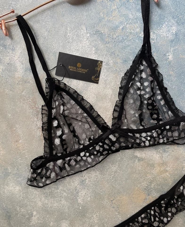 Kadın Transparan Parlak Desenli Siyah Bralet Takım XL