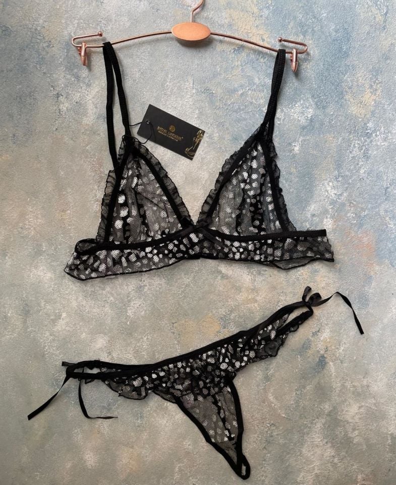 Kadın Transparan Parlak Desenli Siyah Bralet Takım XL