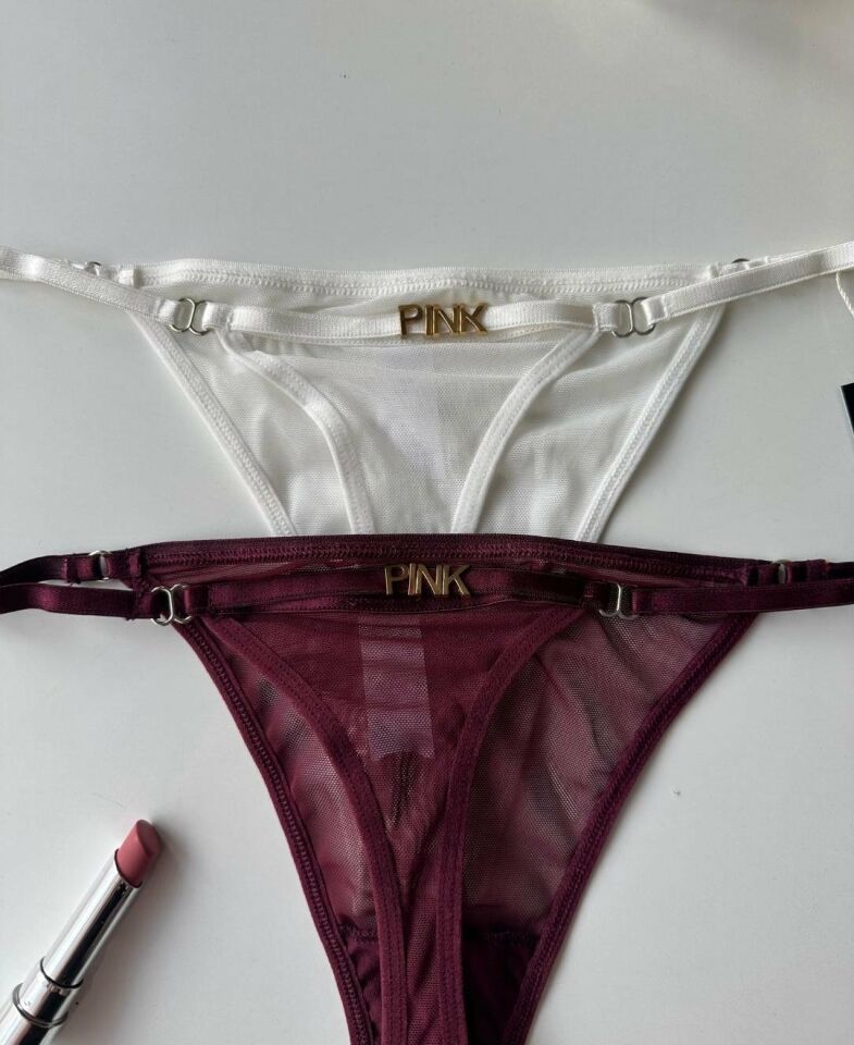 Valerie Arkası 'Pink' Yazılı Ağı Pamuklu Tül Tanga - Limited Beyaz - L/XL