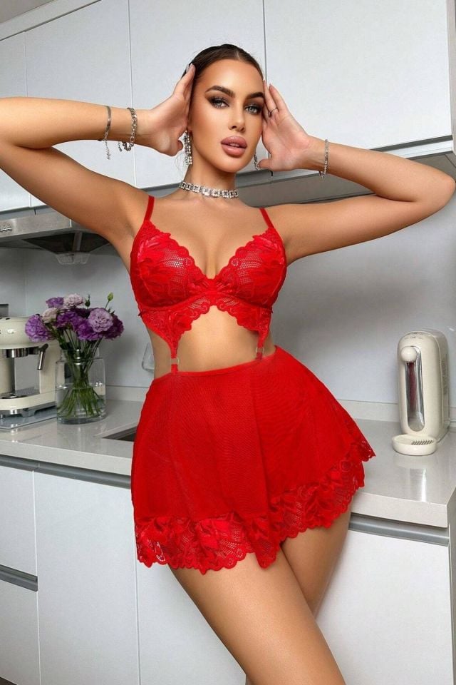 YNT Kırmızı  Valentine's Tasarım Gecelik 18511 Kırmızı - 5XL