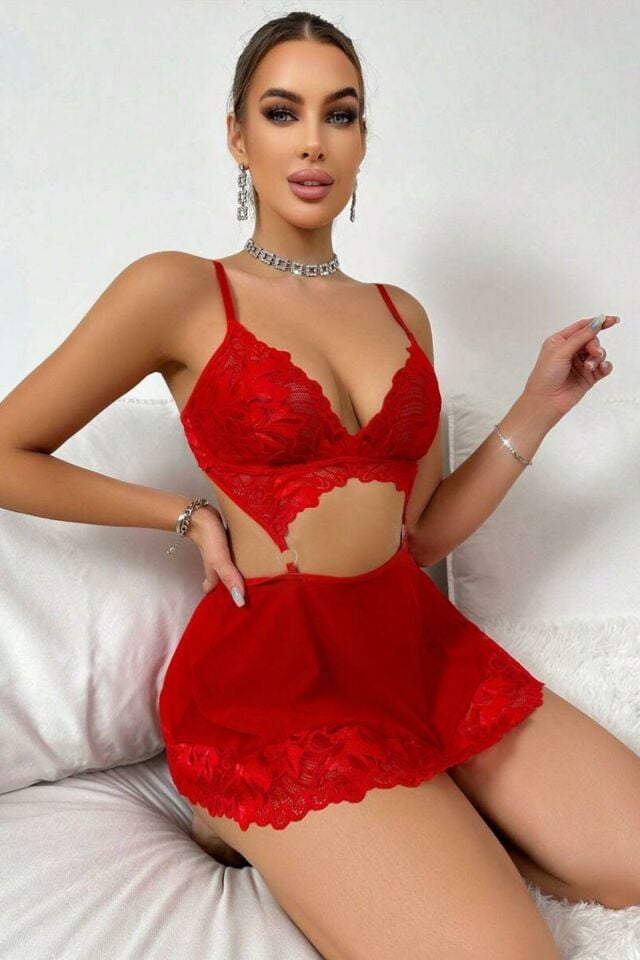 YNT Kırmızı  Valentine's Tasarım Gecelik 18511 Kırmızı - 5XL