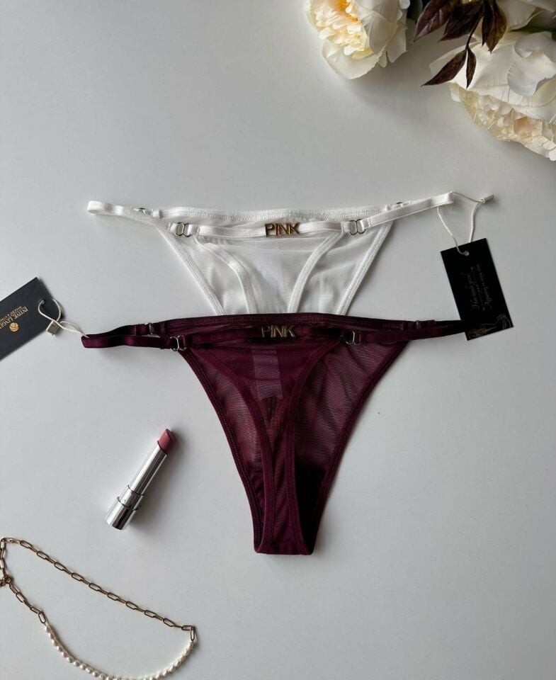 Valerie Arkası 'Pink' Yazılı Ağı Pamuklu Tül Tanga - Limited Mor - L/XL