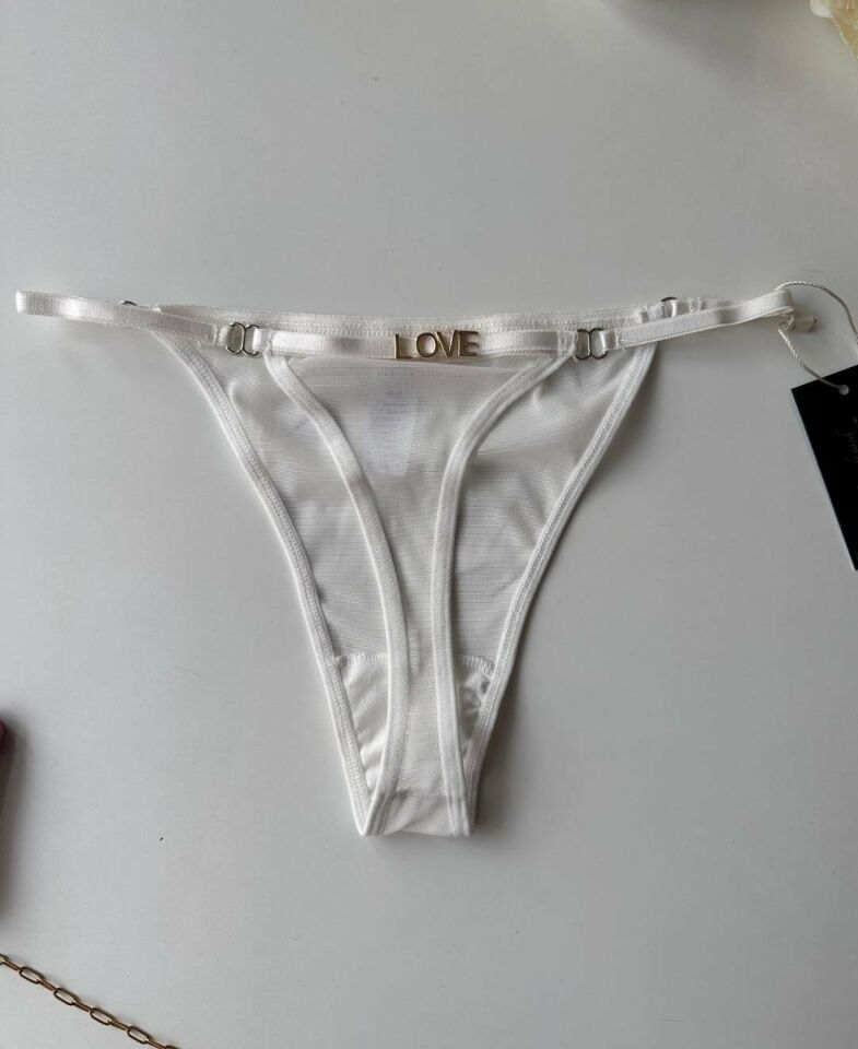 Valerie Arkası 'Love' Yazılı Ağı Pamuklu Tül Tanga - Limited Beyaz - L/XL