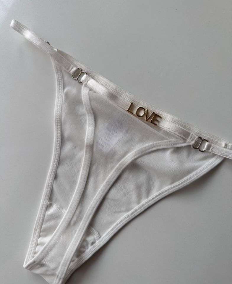 Valerie Arkası 'Love' Yazılı Ağı Pamuklu Tül Tanga - Limited Beyaz - L/XL