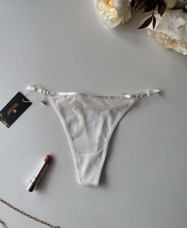 Valerie Arkası 'Love' Yazılı Ağı Pamuklu Tül Tanga - Limited Beyaz - L/XL