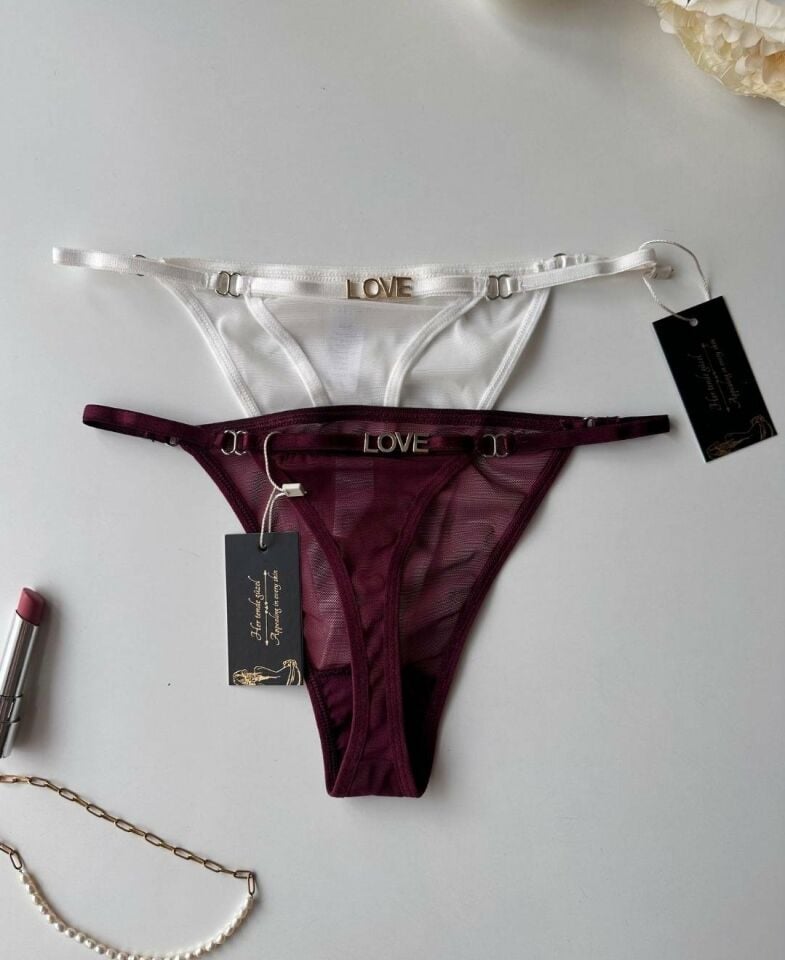 Valerie Arkası 'Love' Yazılı Ağı Pamuklu Tül Tanga - Limited Mor - L/XL