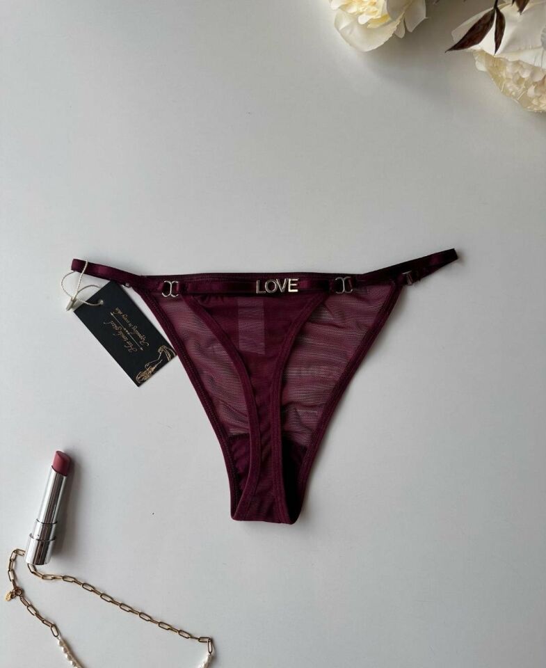 Valerie Arkası 'Love' Yazılı Ağı Pamuklu Tül Tanga - Limited Mor - L/XL