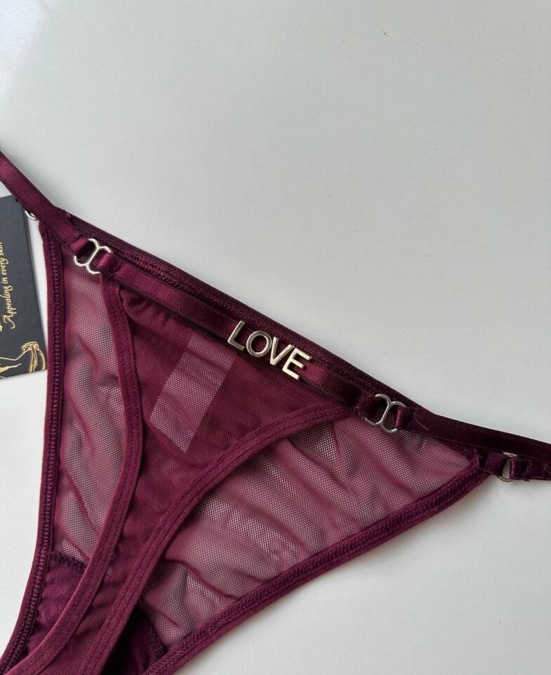 Valerie Arkası 'Love' Yazılı Ağı Pamuklu Tül Tanga - Limited Mor - L/XL