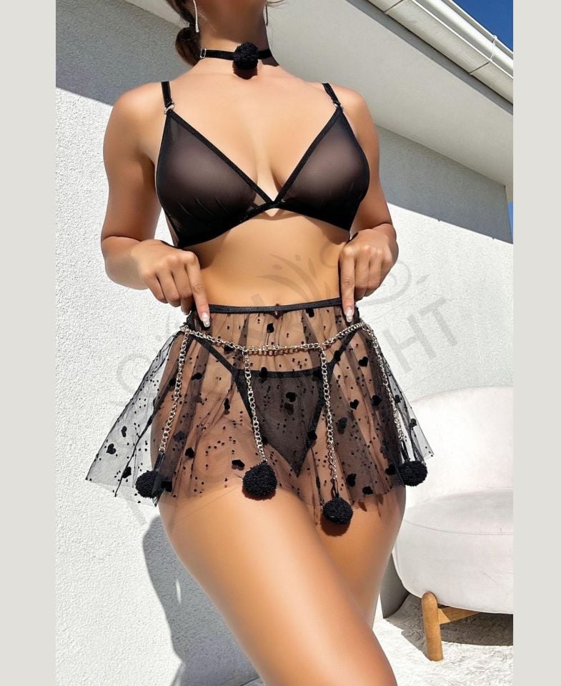 Kadın Siyah Transparan Ponpon Zincirli Sütyen Etek Tanga Takım- 3617 Siyah - L/XL