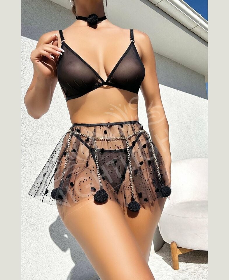 Kadın Siyah Transparan Ponpon Zincirli Sütyen Etek Tanga Takım- 3617 Siyah - L/XL