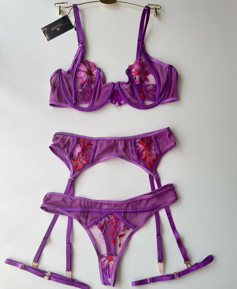Monalisa Mor/Pembe Çiçekli İthal Üstün Kalite Jartiyer Takım (Limited Edition) Mor - M