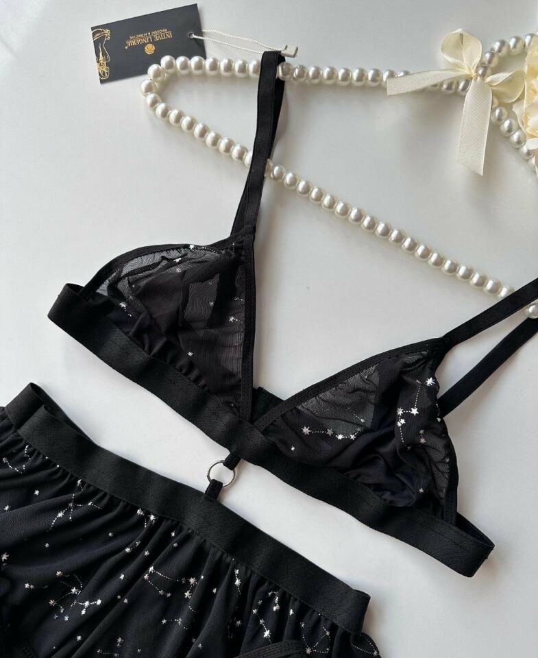Kadın Parlak Yıldız Desenli Mini Tül Gecelik String Takım - 3428 Siyah - S/M