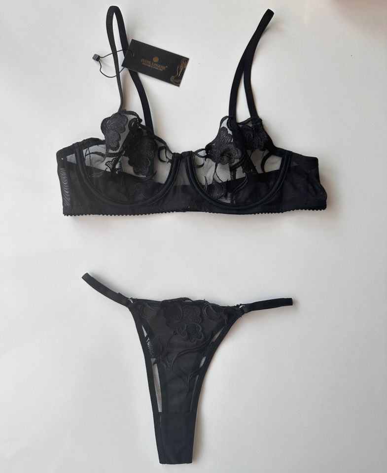 Black Orchid Siyah Çiçek Desenli Transparan Sütyen Tanga Takım (Limited Edition) Siyah - 75B