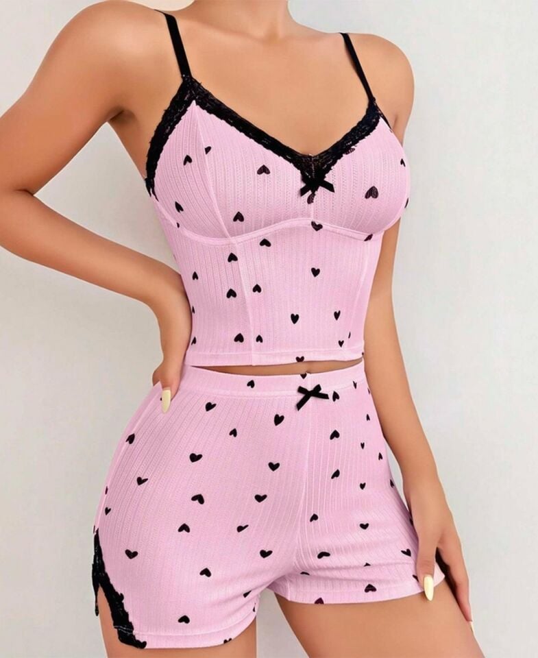 Lily Bianca %100 Pamuk Penye Kalp Desenli Pembe Büstiyer/Şort Takım-Pijama-13006 Pembe - L/XL