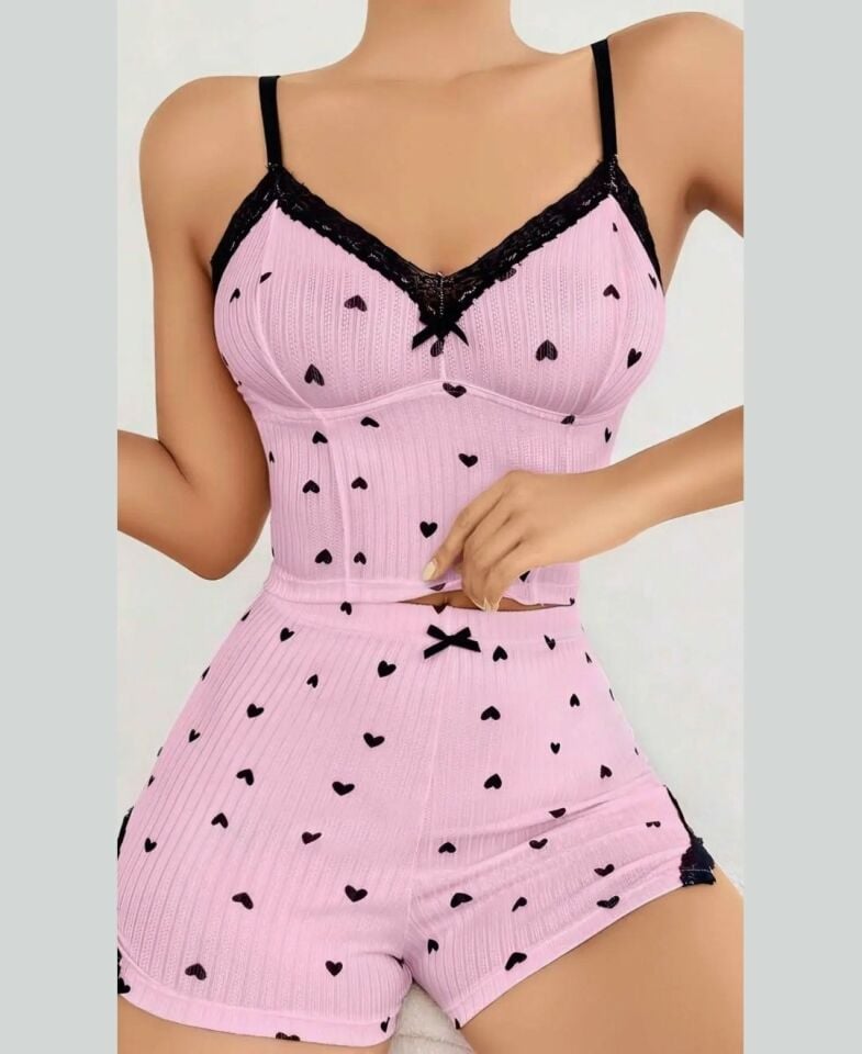 Lily Bianca %100 Pamuk Penye Kalp Desenli Pembe Büstiyer/Şort Takım-Pijama-13006 Pembe - L/XL