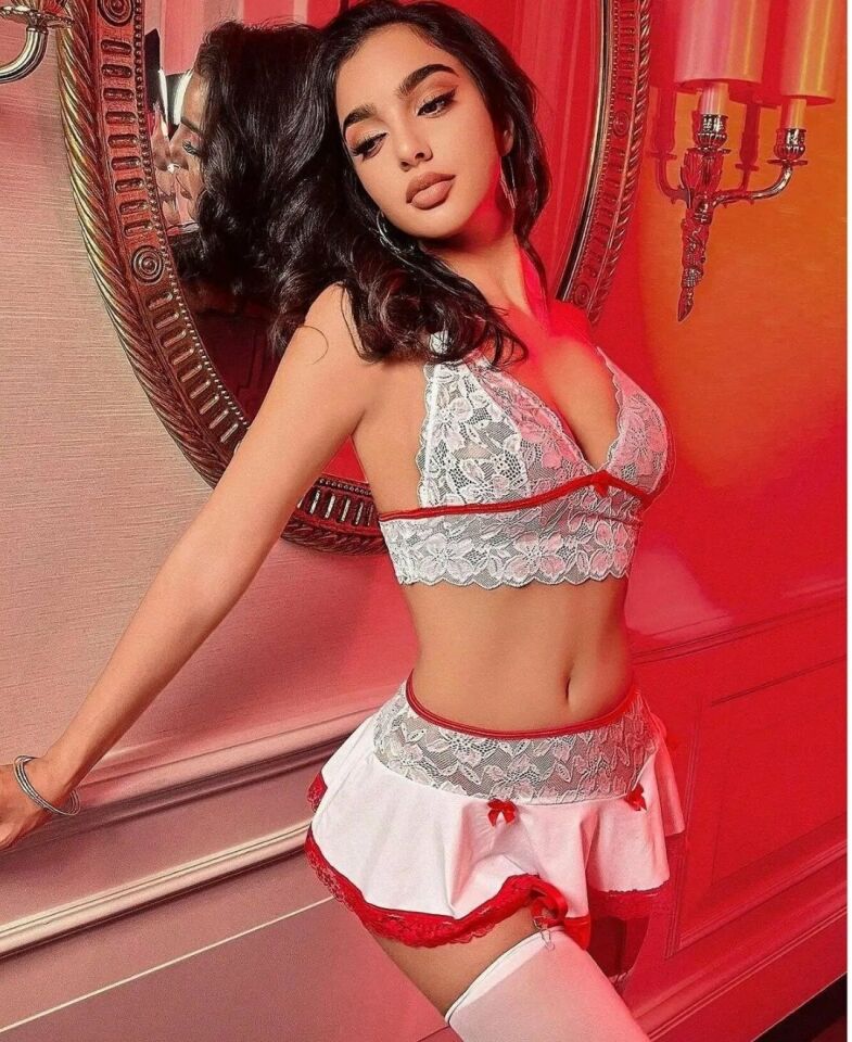 Jessica Bella Kırmızı Beyaz Dantelli Jartiyerli Kurdeleli Etek String Takım-0145 Kırmızı - S/M