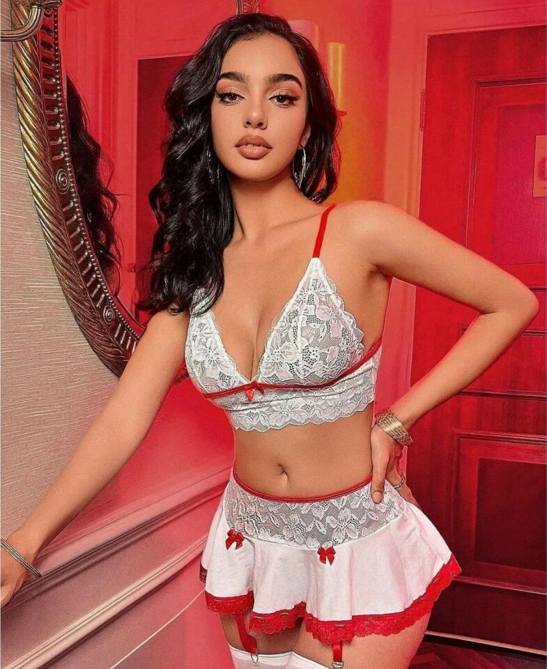 Jessica Bella Kırmızı Beyaz Dantelli Jartiyerli Kurdeleli Etek String Takım-0145 Kırmızı - S/M