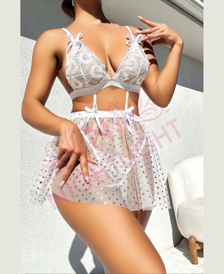 Kadın Beyaz Transparan Yıldız Desenli Babydoll Gecelik Takım-3616 Beyaz - S/M