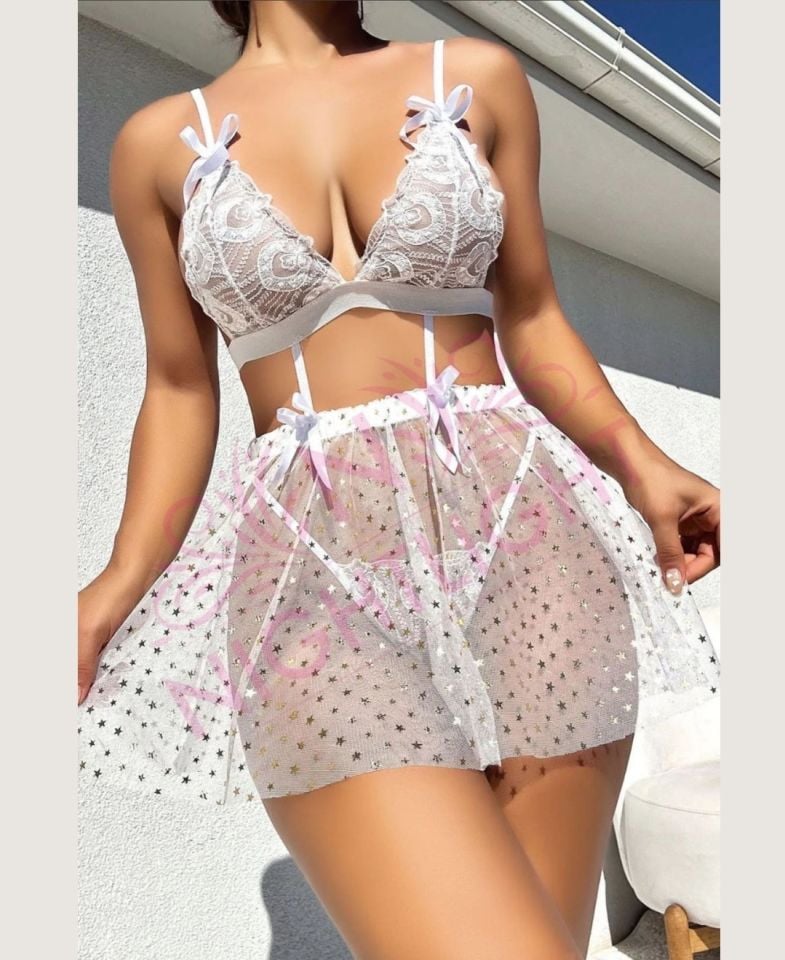 Kadın Beyaz Transparan Yıldız Desenli Babydoll Gecelik Takım-3616 Beyaz - L/XL