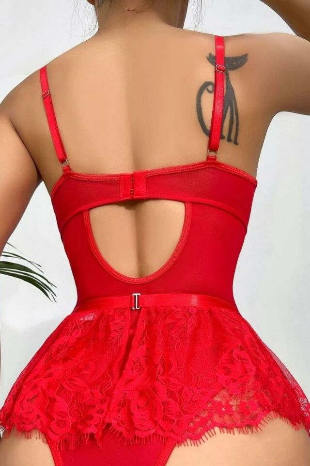 YNT Kırmızı Dantelli Etekli Babydoll Takım 16517 Kırmızı - 2XL-3XL