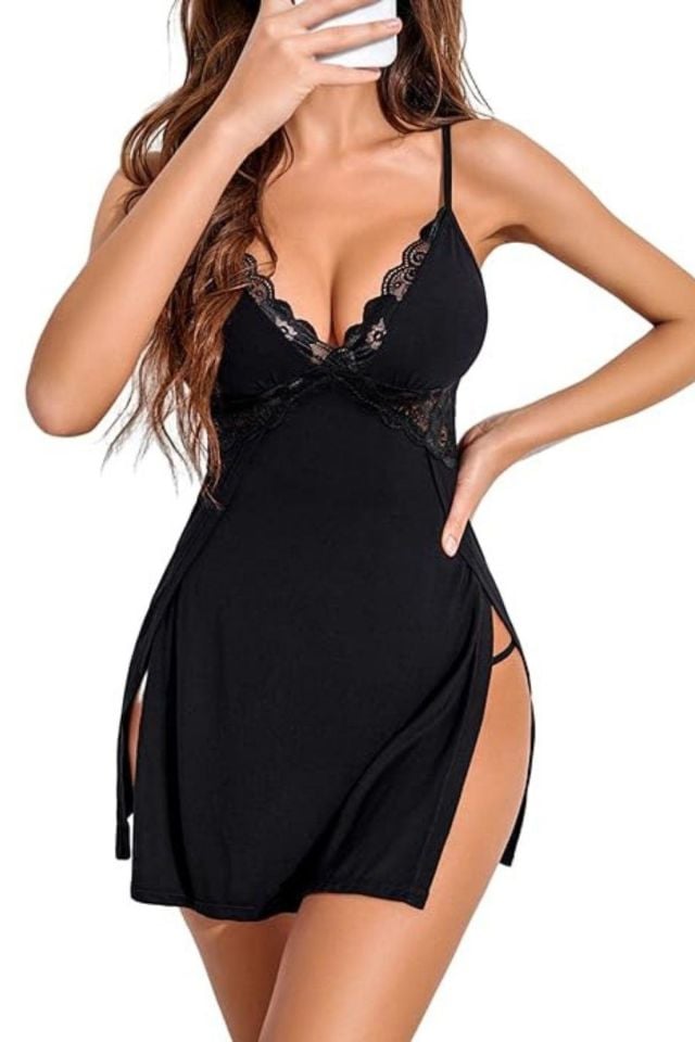 YNT Siyah Askılı Yırtmaç Detaylı Gecelik 15543 Siyah - L/XL