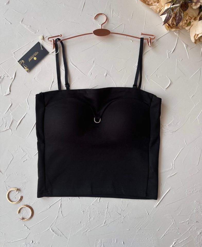 Chole İthal Pamuklu Göğsü Cut-Out Halka Detaylı İnce Askılı Büstiyer/Crop Siyah - M/L