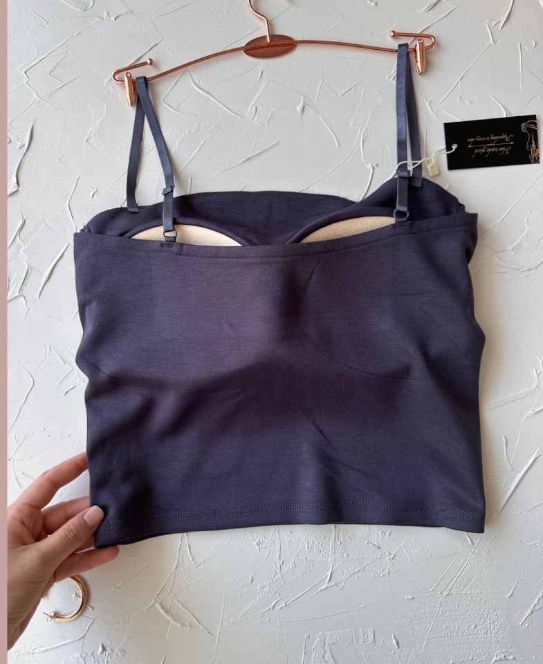 Chole İthal Pamuklu Göğsü Cut-Out Halka Detaylı İnce Askılı Büstiyer/Crop Füme - M/L