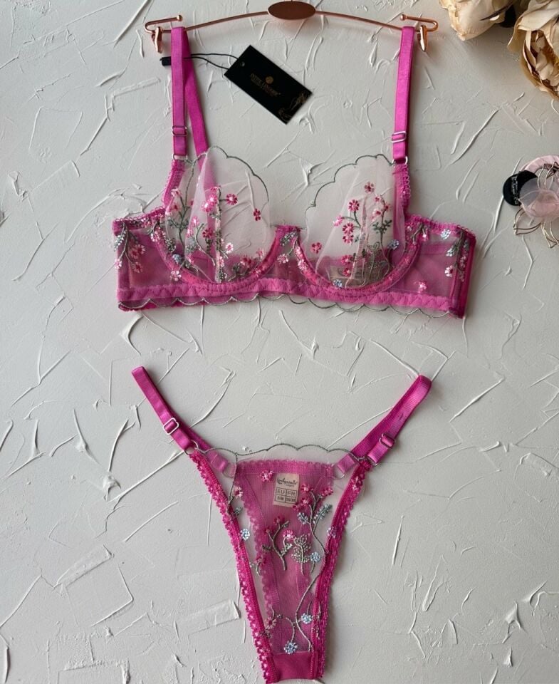 Victoria Barbie Transparan Çiçek Desenli Sütyen Takım Pembe - 90B
